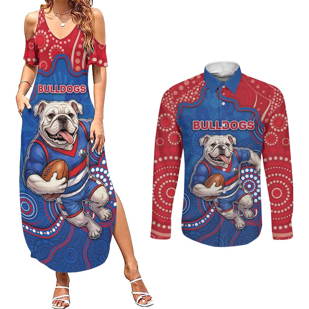 Custom Bulldogs Football Couples Matching Summer Maxi Dress and Long Sleeve Button Shirt Aboriginal Dot Art Pattern