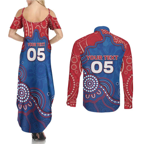 Custom Bulldogs Football Couples Matching Summer Maxi Dress and Long Sleeve Button Shirt Aboriginal Dot Art Pattern