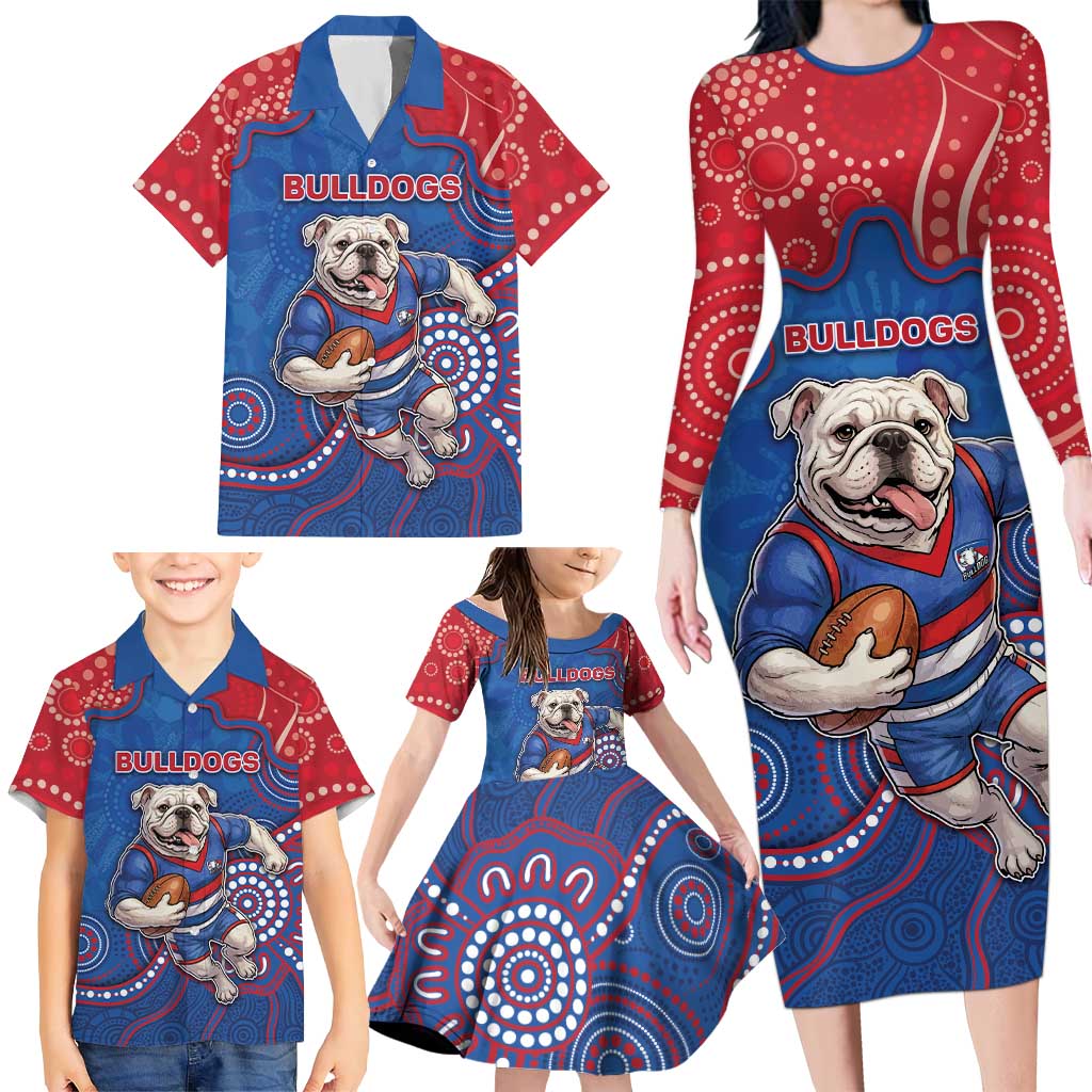 Custom Bulldogs Football Family Matching Long Sleeve Bodycon Dress and Hawaiian Shirt Aboriginal Dot Art Pattern