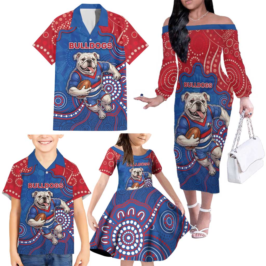 Custom Bulldogs Football Family Matching Off The Shoulder Long Sleeve Dress and Hawaiian Shirt Aboriginal Dot Art Pattern