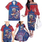 Custom Bulldogs Football Family Matching Off The Shoulder Long Sleeve Dress and Hawaiian Shirt Aboriginal Dot Art Pattern