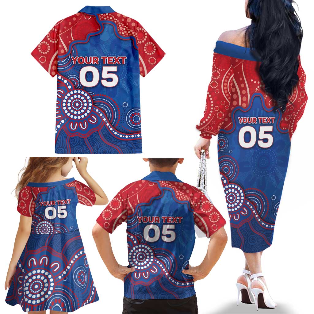 Custom Bulldogs Football Family Matching Off The Shoulder Long Sleeve Dress and Hawaiian Shirt Aboriginal Dot Art Pattern