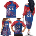 Custom Bulldogs Football Family Matching Off The Shoulder Long Sleeve Dress and Hawaiian Shirt Aboriginal Dot Art Pattern