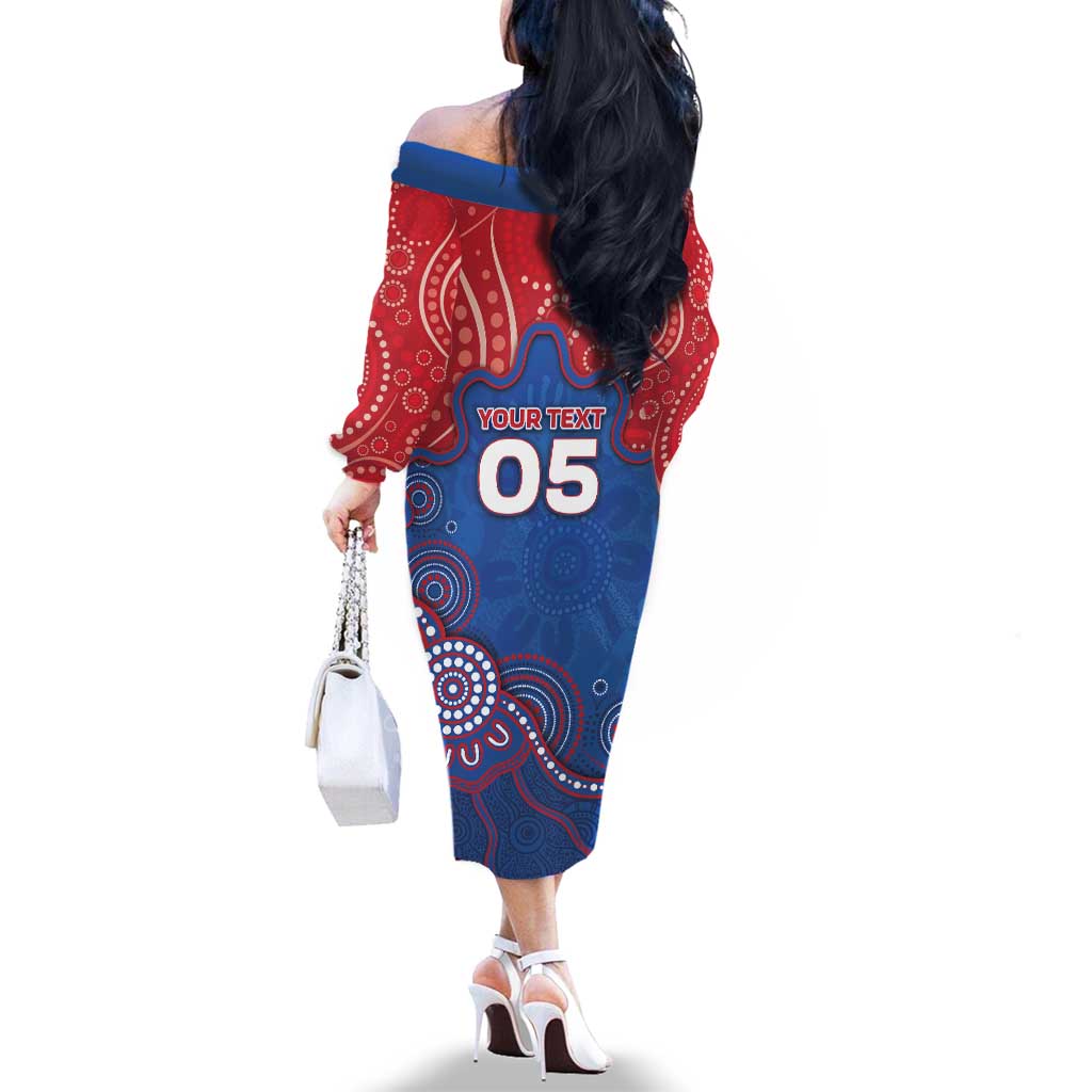 Custom Bulldogs Football Family Matching Off The Shoulder Long Sleeve Dress and Hawaiian Shirt Aboriginal Dot Art Pattern