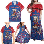 Custom Bulldogs Football Family Matching Off Shoulder Maxi Dress and Hawaiian Shirt Aboriginal Dot Art Pattern