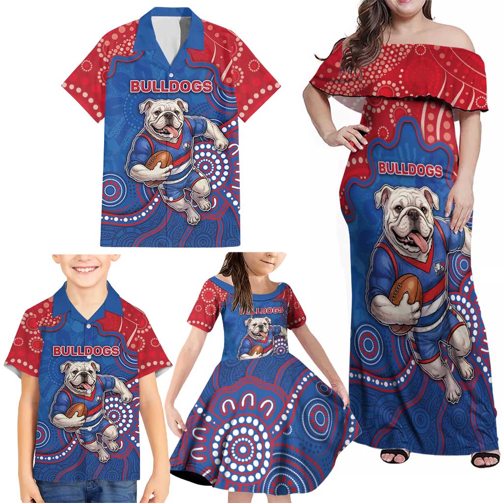 Custom Bulldogs Football Family Matching Off Shoulder Maxi Dress and Hawaiian Shirt Aboriginal Dot Art Pattern