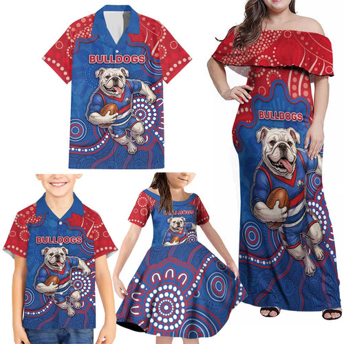 Custom Bulldogs Football Family Matching Off Shoulder Maxi Dress and Hawaiian Shirt Aboriginal Dot Art Pattern