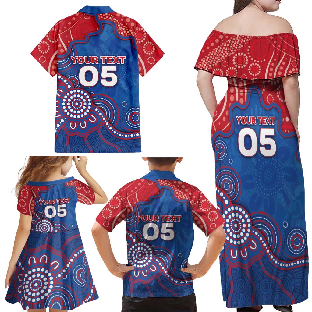 Custom Bulldogs Football Family Matching Off Shoulder Maxi Dress and Hawaiian Shirt Aboriginal Dot Art Pattern