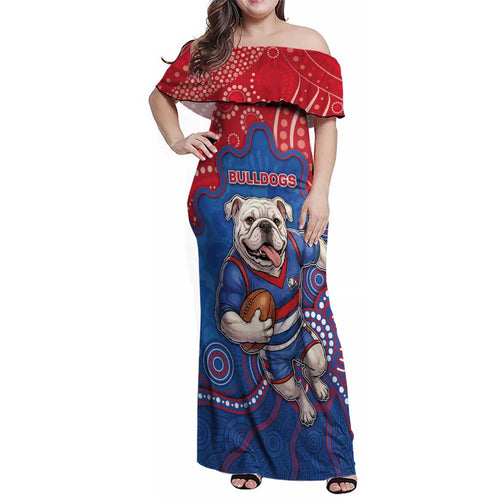 Custom Bulldogs Football Family Matching Off Shoulder Maxi Dress and Hawaiian Shirt Aboriginal Dot Art Pattern