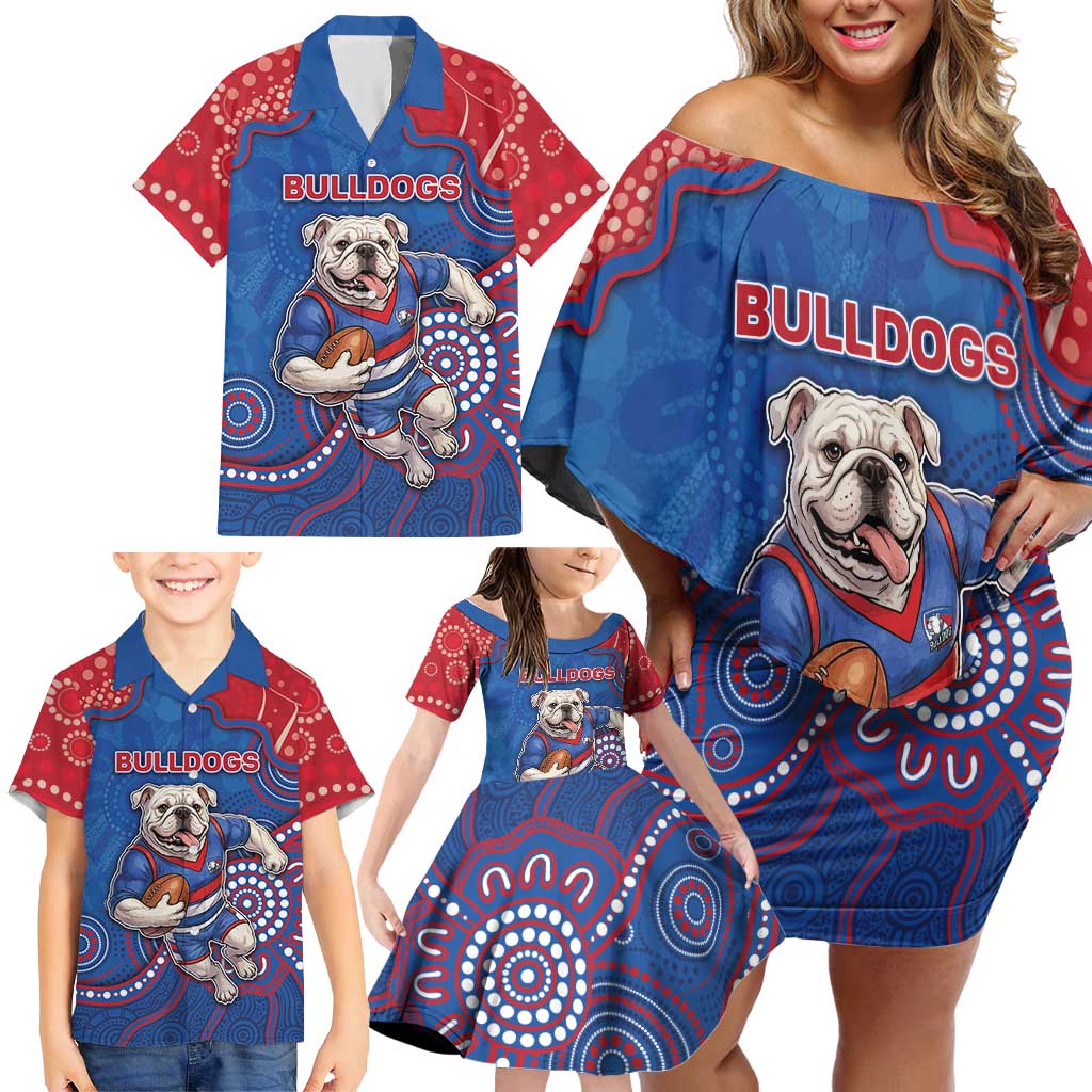 Custom Bulldogs Football Family Matching Off Shoulder Short Dress and Hawaiian Shirt Aboriginal Dot Art Pattern