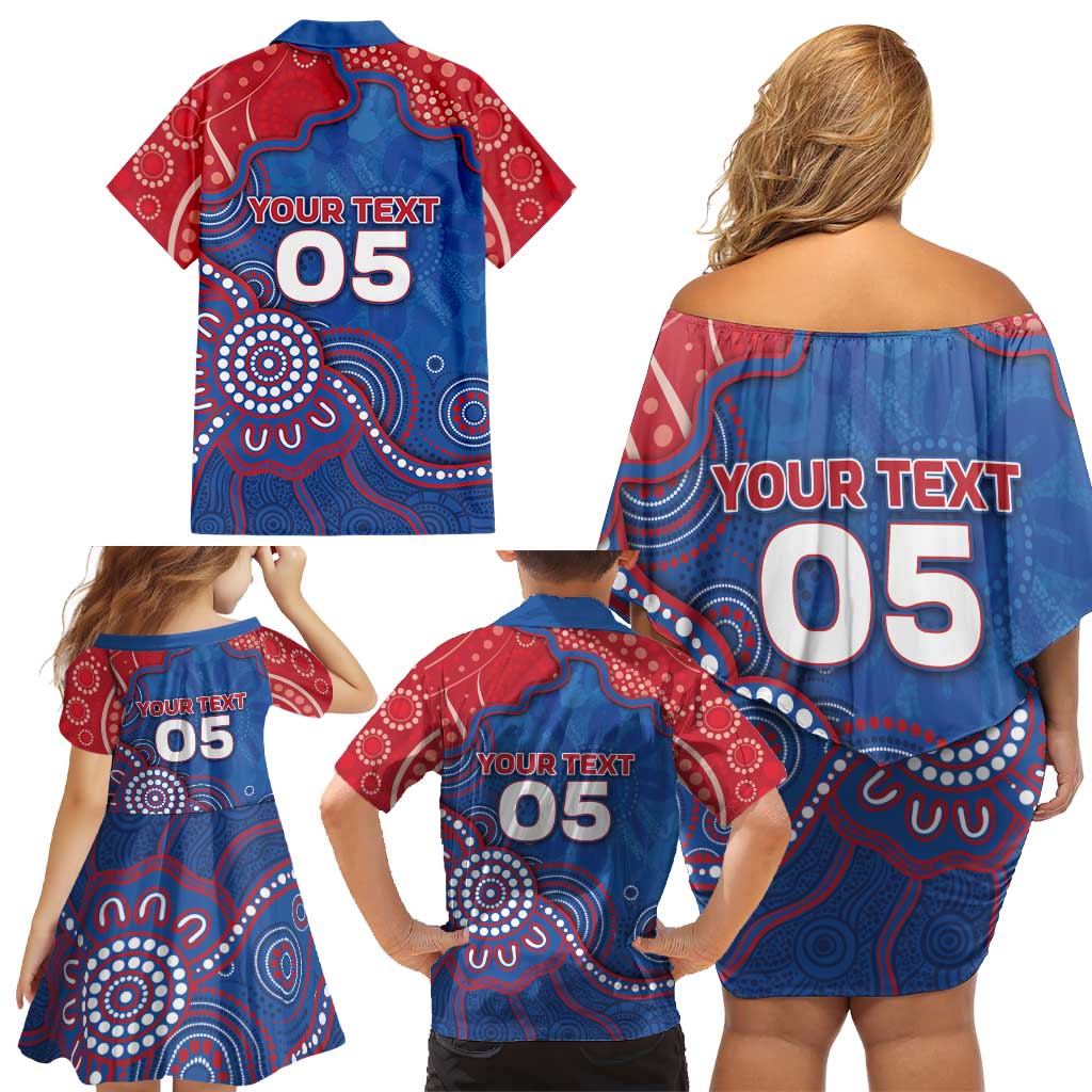 Custom Bulldogs Football Family Matching Off Shoulder Short Dress and Hawaiian Shirt Aboriginal Dot Art Pattern