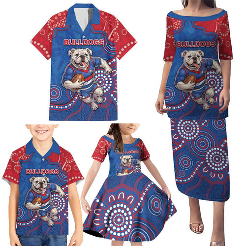 Custom Bulldogs Football Family Matching Puletasi and Hawaiian Shirt Aboriginal Dot Art Pattern