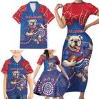 Custom Bulldogs Football Family Matching Short Sleeve Bodycon Dress and Hawaiian Shirt Aboriginal Dot Art Pattern