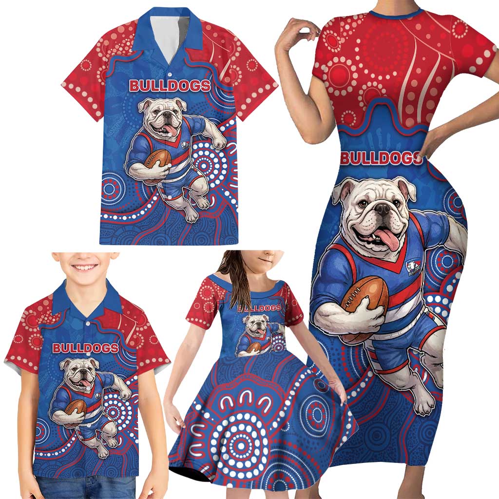 Custom Bulldogs Football Family Matching Short Sleeve Bodycon Dress and Hawaiian Shirt Aboriginal Dot Art Pattern