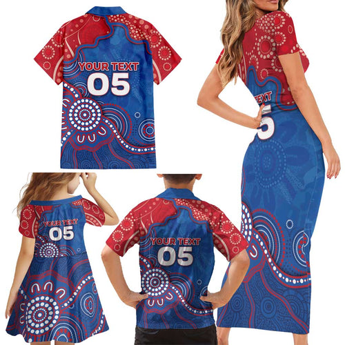 Custom Bulldogs Football Family Matching Short Sleeve Bodycon Dress and Hawaiian Shirt Aboriginal Dot Art Pattern