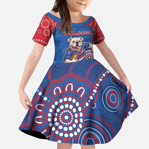 Custom Bulldogs Football Kid Short Sleeve Dress Aboriginal Dot Art Pattern
