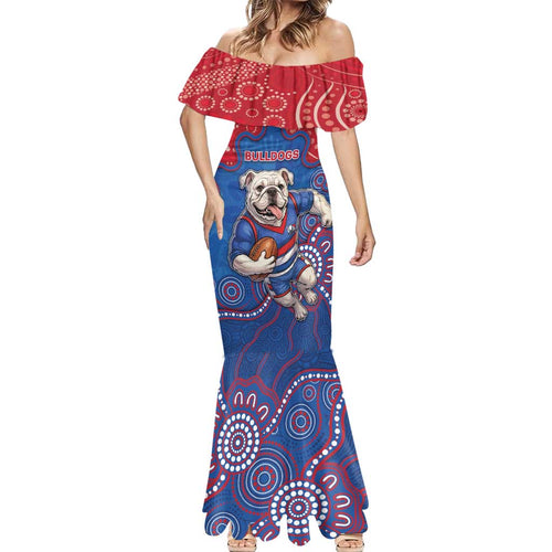 Custom Bulldogs Football Mermaid Dress Aboriginal Dot Art Pattern