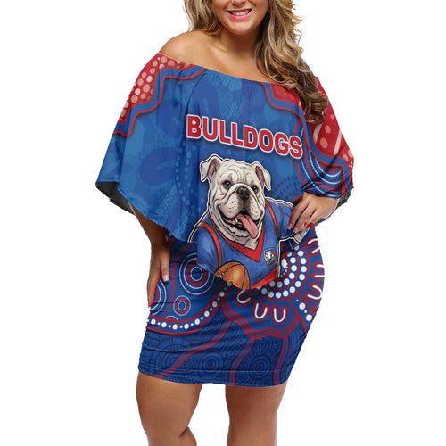 Custom Bulldogs Football Off Shoulder Short Dress Aboriginal Dot Art Pattern