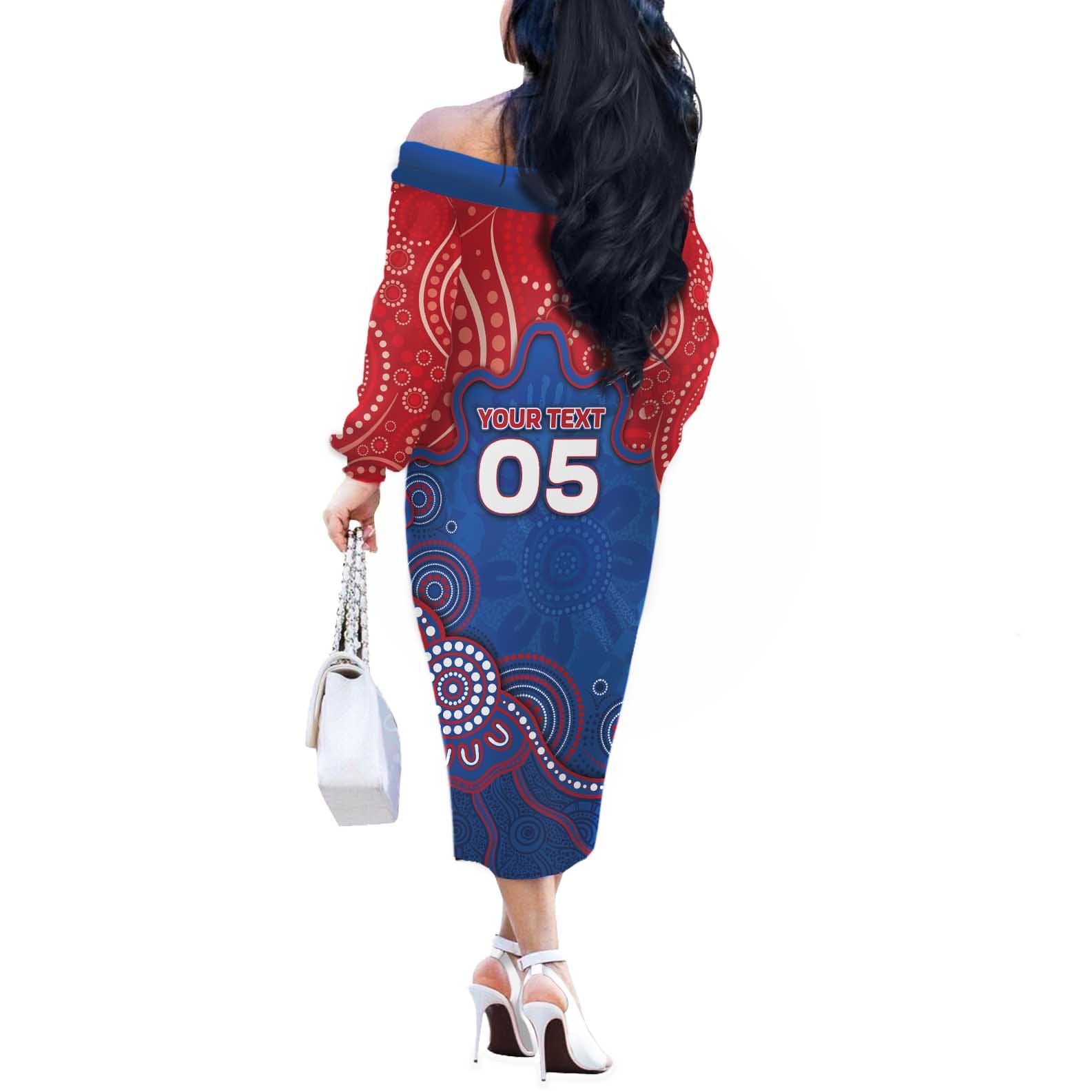 Custom Bulldogs Football Off The Shoulder Long Sleeve Dress Aboriginal Dot Art Pattern