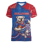 Custom Bulldogs Football Women V-Neck T-Shirt Aboriginal Dot Art Pattern
