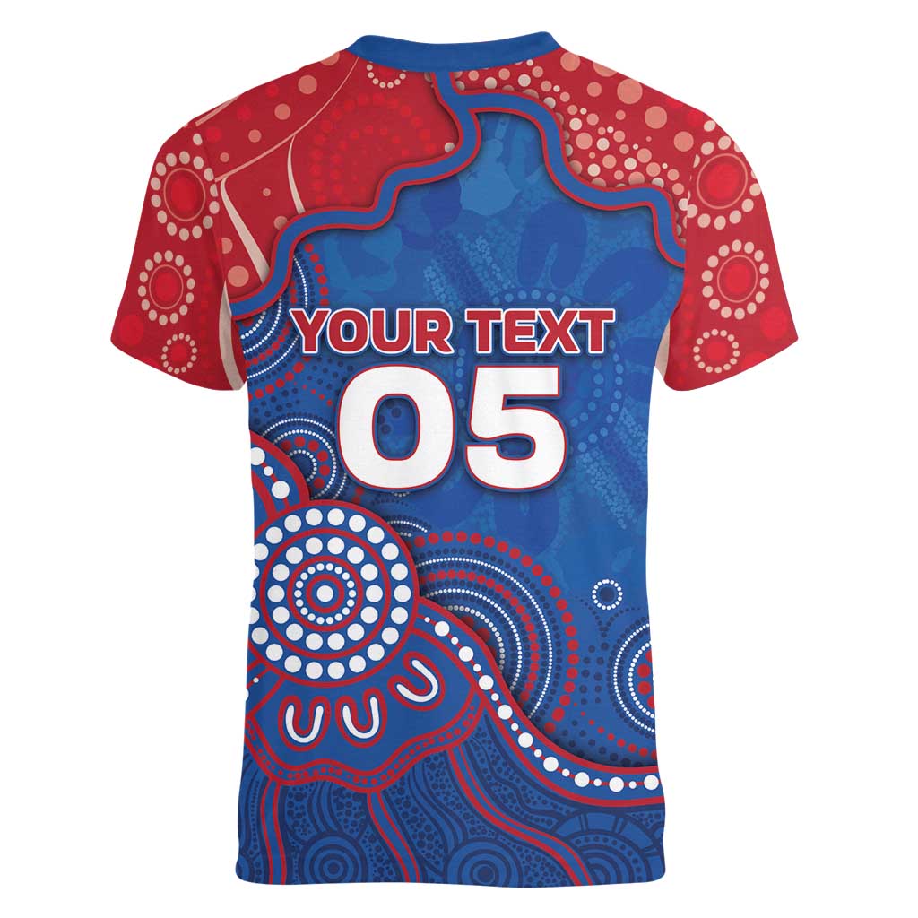 Custom Bulldogs Football Women V-Neck T-Shirt Aboriginal Dot Art Pattern
