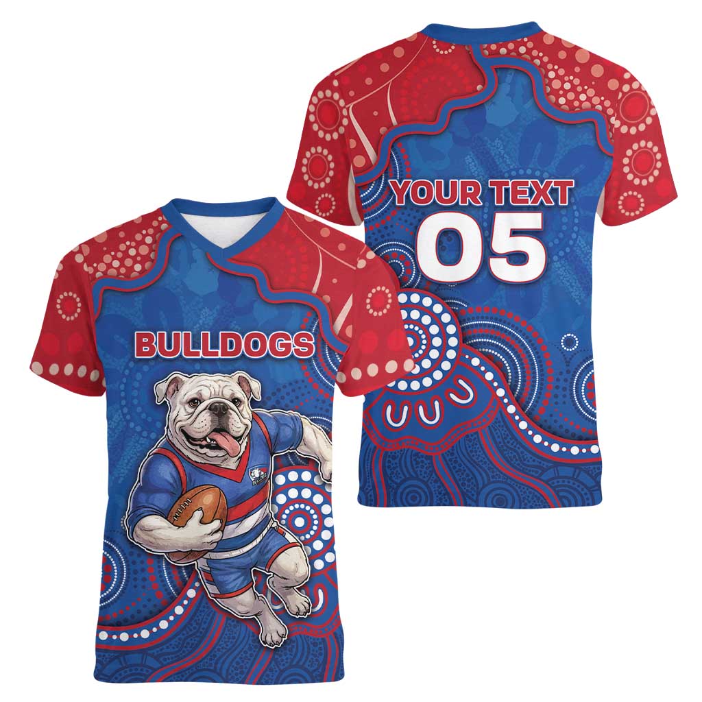 Custom Bulldogs Football Women V-Neck T-Shirt Aboriginal Dot Art Pattern