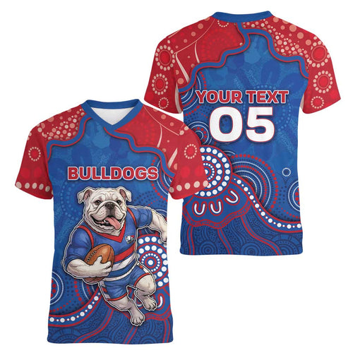 Custom Bulldogs Football Women V-Neck T-Shirt Aboriginal Dot Art Pattern