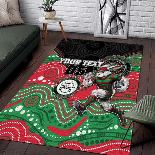 Custom Rabbitohs Area Rug Rabbit Mascot With Aboriginal Indigenous