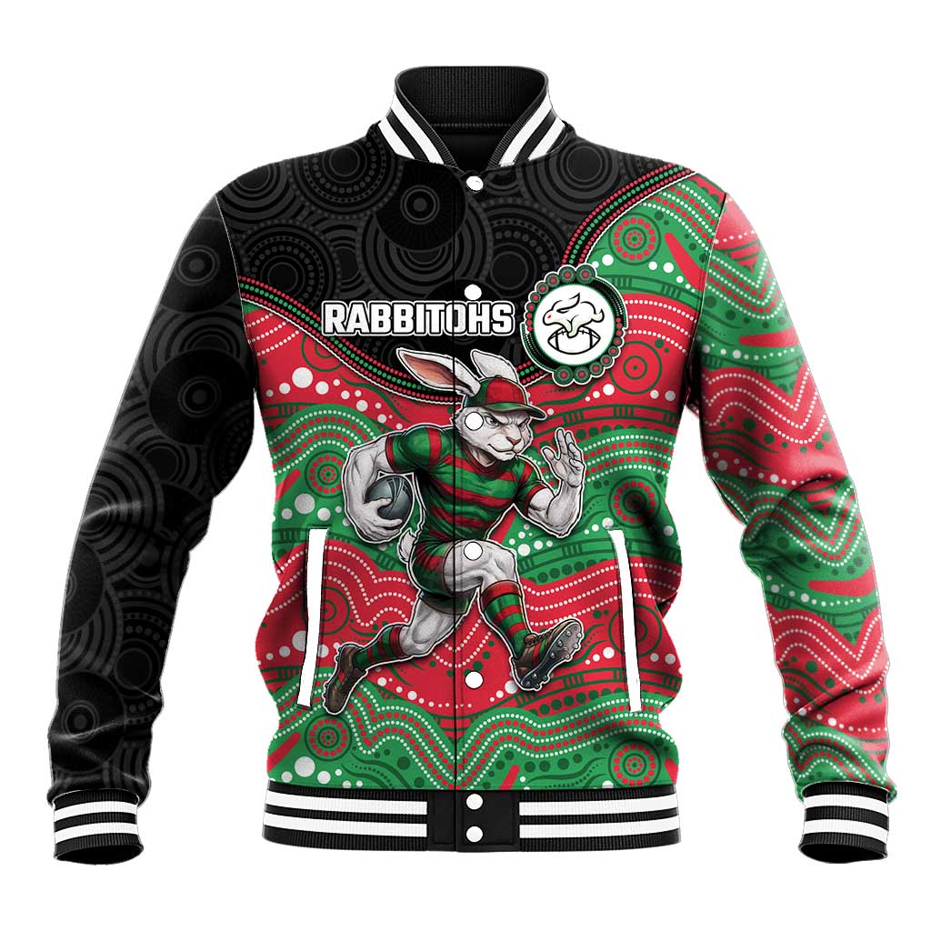 Custom Rabbitohs Baseball Jacket Rabbit Mascot With Aboriginal Indigenous