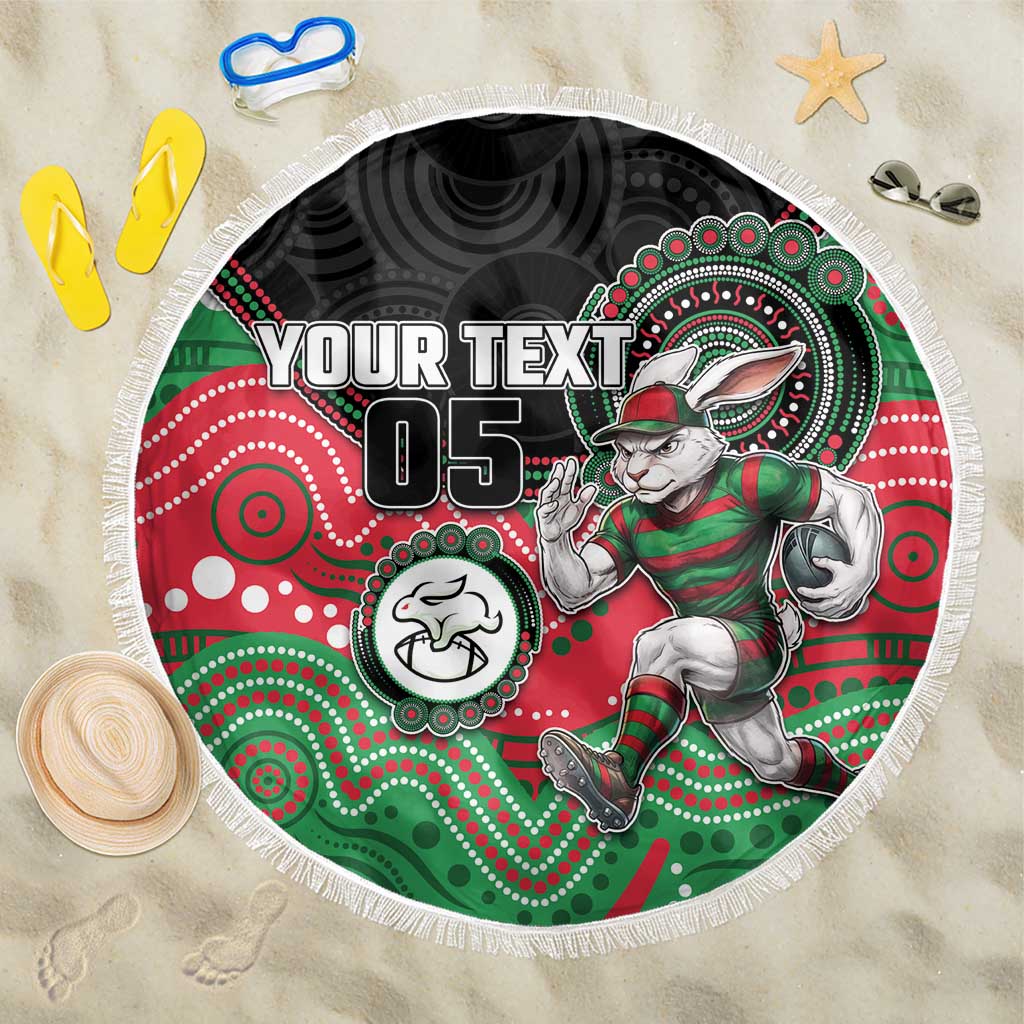 Custom Rabbitohs Beach Blanket Rabbit Mascot With Aboriginal Indigenous