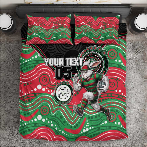 Custom Rabbitohs Bedding Set Rabbit Mascot With Aboriginal Indigenous