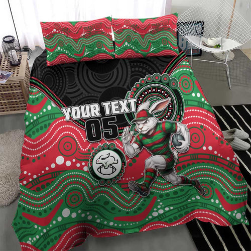 Custom Rabbitohs Bedding Set Rabbit Mascot With Aboriginal Indigenous