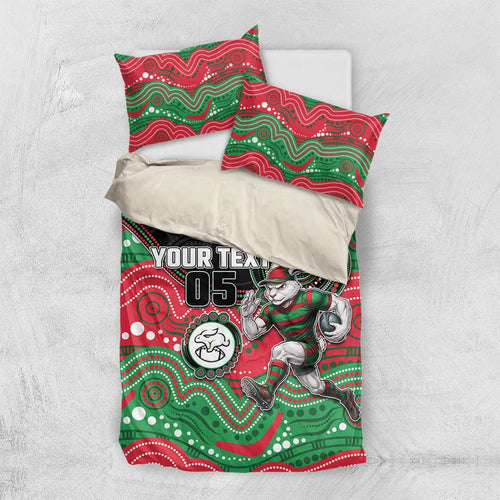 Custom Rabbitohs Bedding Set Rabbit Mascot With Aboriginal Indigenous