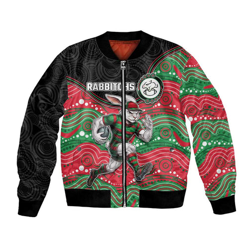 Custom Rabbitohs Bomber Jacket Rabbit Mascot With Aboriginal Indigenous