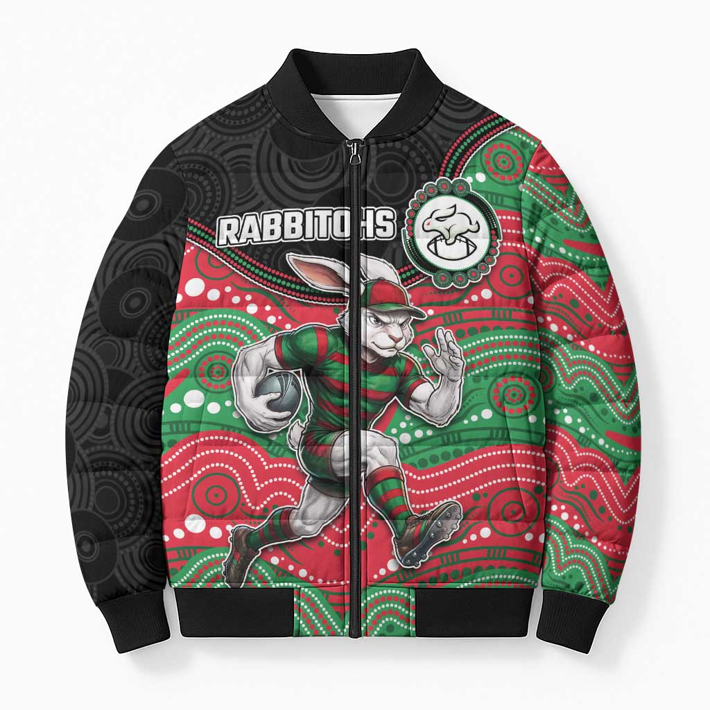 Custom Rabbitohs Bomber Puffer Jacket Rabbit Mascot With Aboriginal Indigenous