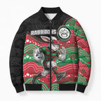 Custom Rabbitohs Bomber Puffer Jacket Rabbit Mascot With Aboriginal Indigenous