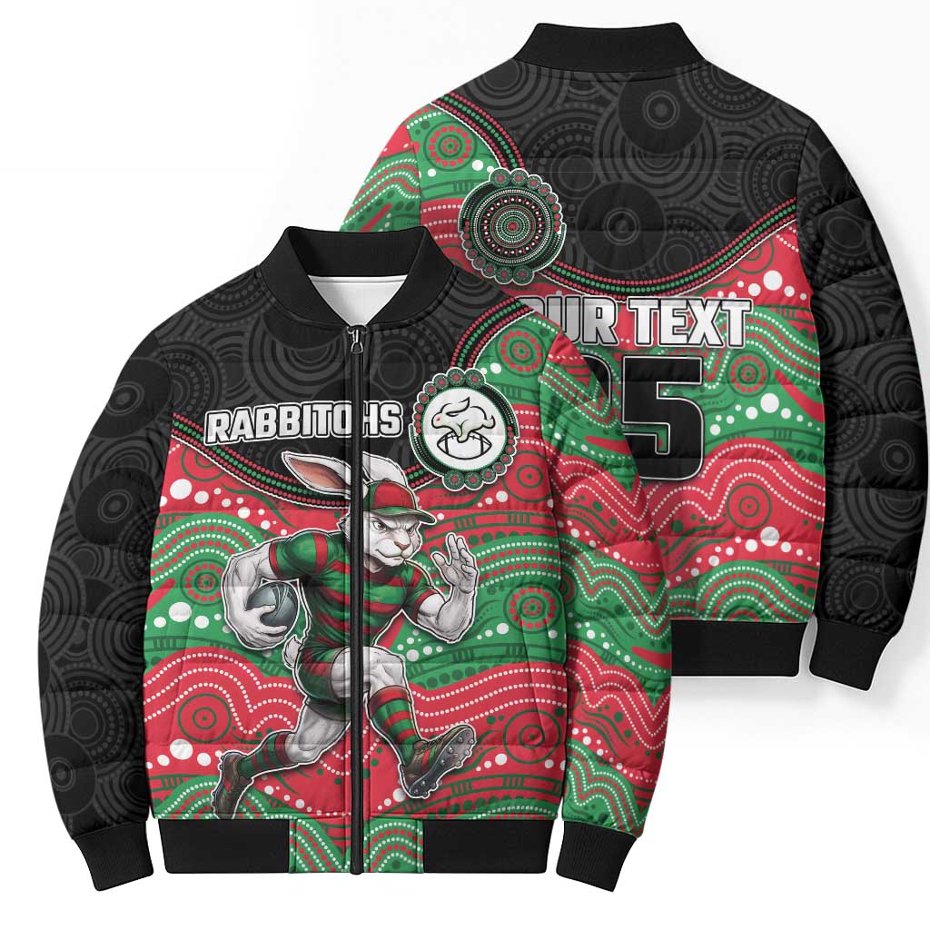 Custom Rabbitohs Bomber Puffer Jacket Rabbit Mascot With Aboriginal Indigenous