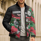 Custom Rabbitohs Bomber Puffer Jacket Rabbit Mascot With Aboriginal Indigenous