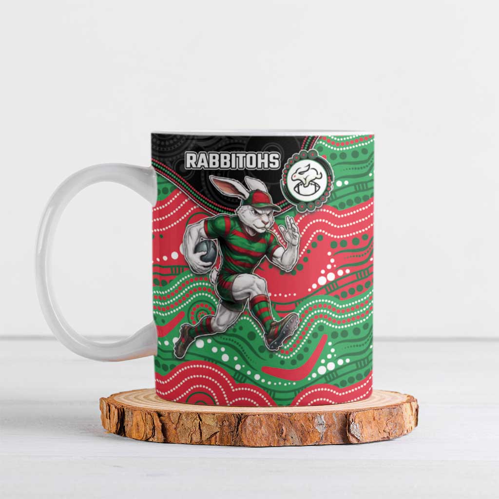 Custom Rabbitohs Ceramic Mug Rabbit Mascot With Aboriginal Indigenous