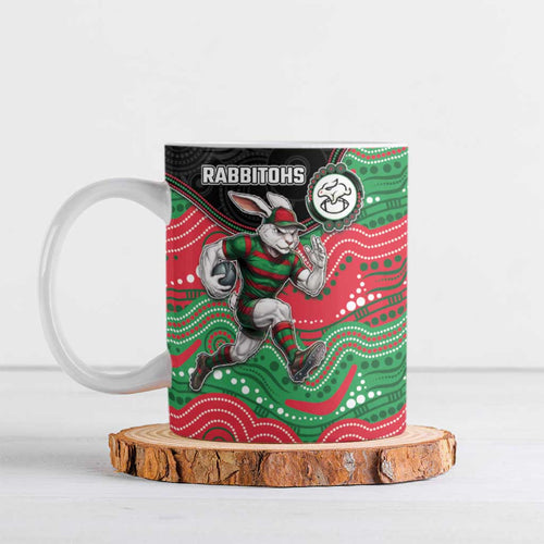 Custom Rabbitohs Ceramic Mug Rabbit Mascot With Aboriginal Indigenous