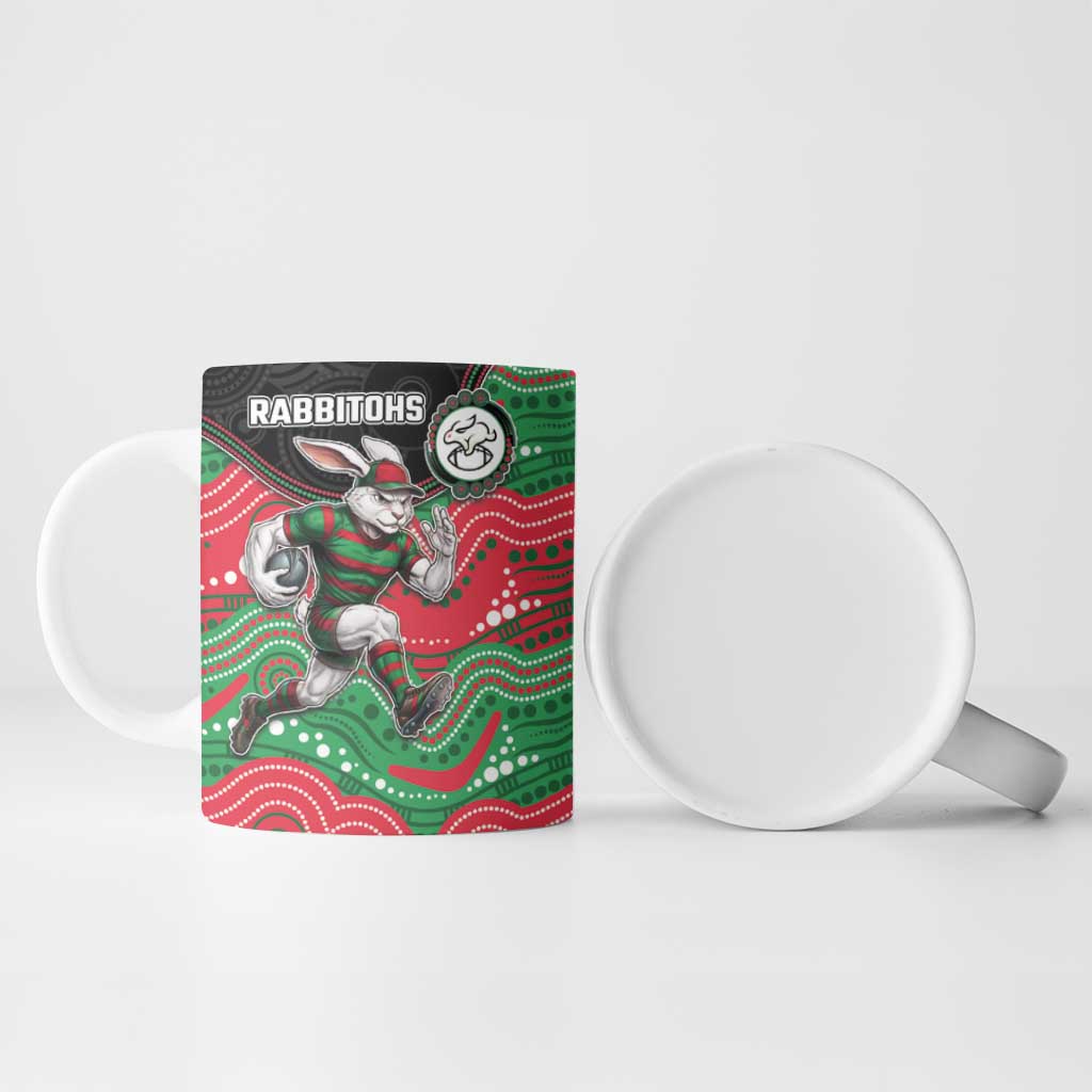 Custom Rabbitohs Ceramic Mug Rabbit Mascot With Aboriginal Indigenous
