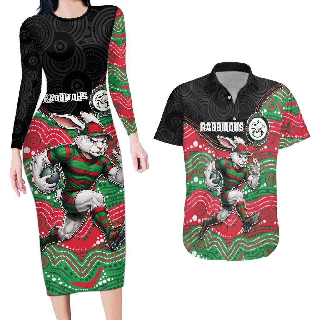 Custom Rabbitohs Couples Matching Long Sleeve Bodycon Dress and Hawaiian Shirt Rabbit Mascot With Aboriginal Indigenous