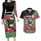 Custom Rabbitohs Couples Matching Long Sleeve Bodycon Dress and Hawaiian Shirt Rabbit Mascot With Aboriginal Indigenous