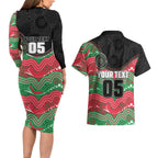 Custom Rabbitohs Couples Matching Long Sleeve Bodycon Dress and Hawaiian Shirt Rabbit Mascot With Aboriginal Indigenous