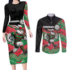 Custom Rabbitohs Couples Matching Long Sleeve Bodycon Dress and Long Sleeve Button Shirt Rabbit Mascot With Aboriginal Indigenous