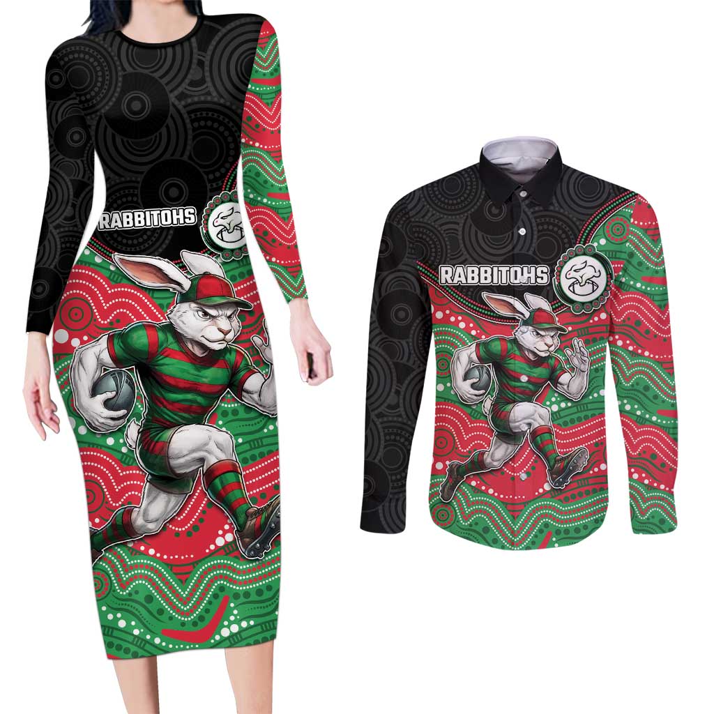 Custom Rabbitohs Couples Matching Long Sleeve Bodycon Dress and Long Sleeve Button Shirt Rabbit Mascot With Aboriginal Indigenous