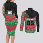 Custom Rabbitohs Couples Matching Long Sleeve Bodycon Dress and Long Sleeve Button Shirt Rabbit Mascot With Aboriginal Indigenous