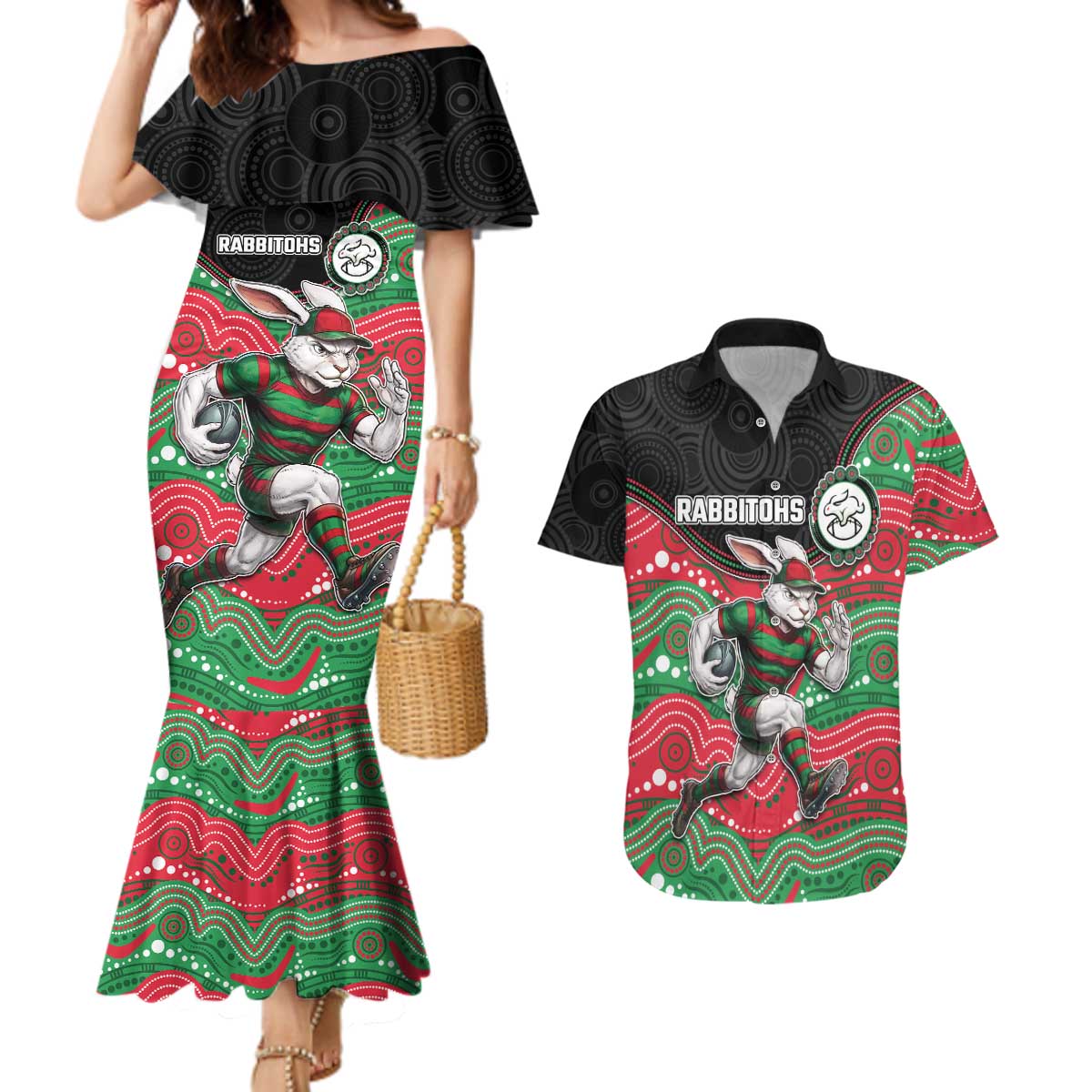 Custom Rabbitohs Couples Matching Mermaid Dress and Hawaiian Shirt Rabbit Mascot With Aboriginal Indigenous