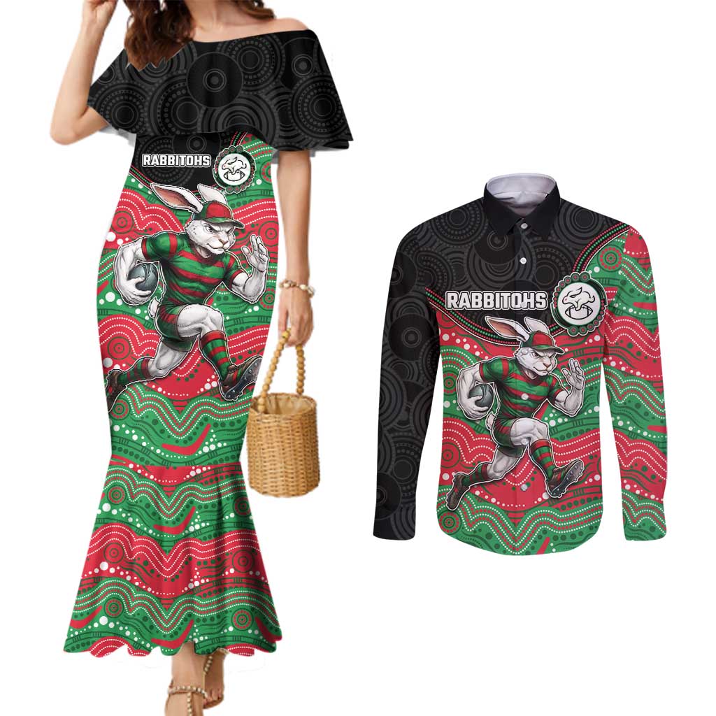 Custom Rabbitohs Couples Matching Mermaid Dress and Long Sleeve Button Shirt Rabbit Mascot With Aboriginal Indigenous