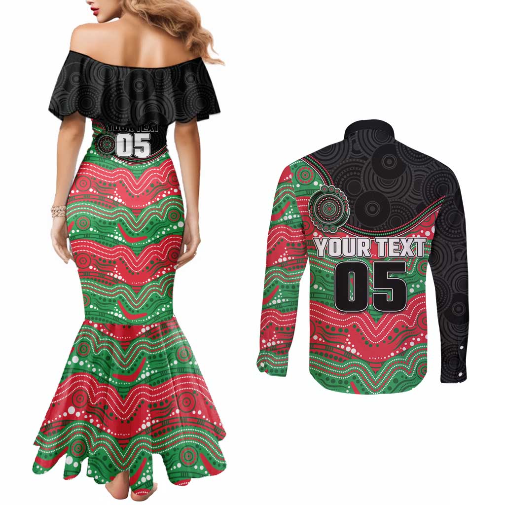 Custom Rabbitohs Couples Matching Mermaid Dress and Long Sleeve Button Shirt Rabbit Mascot With Aboriginal Indigenous